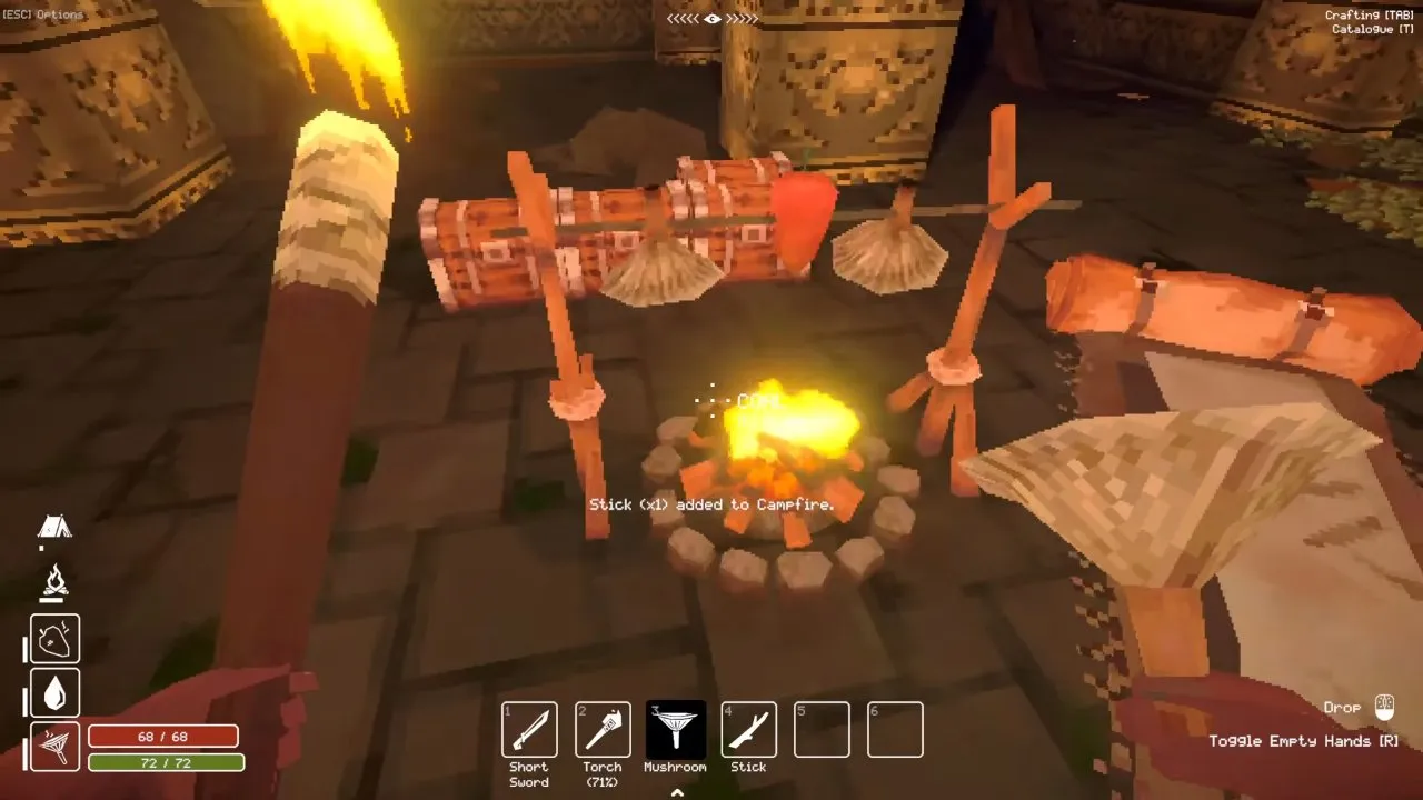 Campfire with a rotisserie set up over it at camp