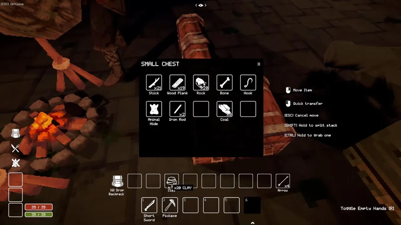 Inventory tooltip showing x20 Clay