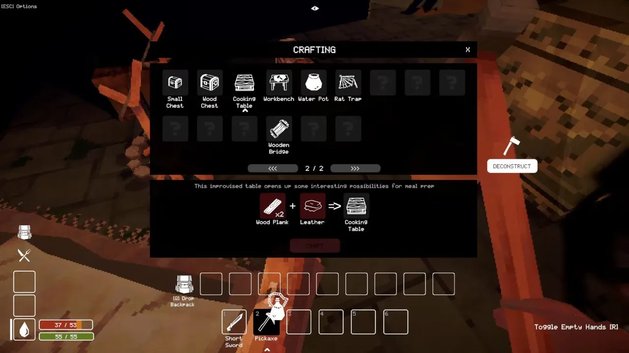 Crafting menu showing the Cooking Table recipe: 2 Wood Plank and 1 Leather