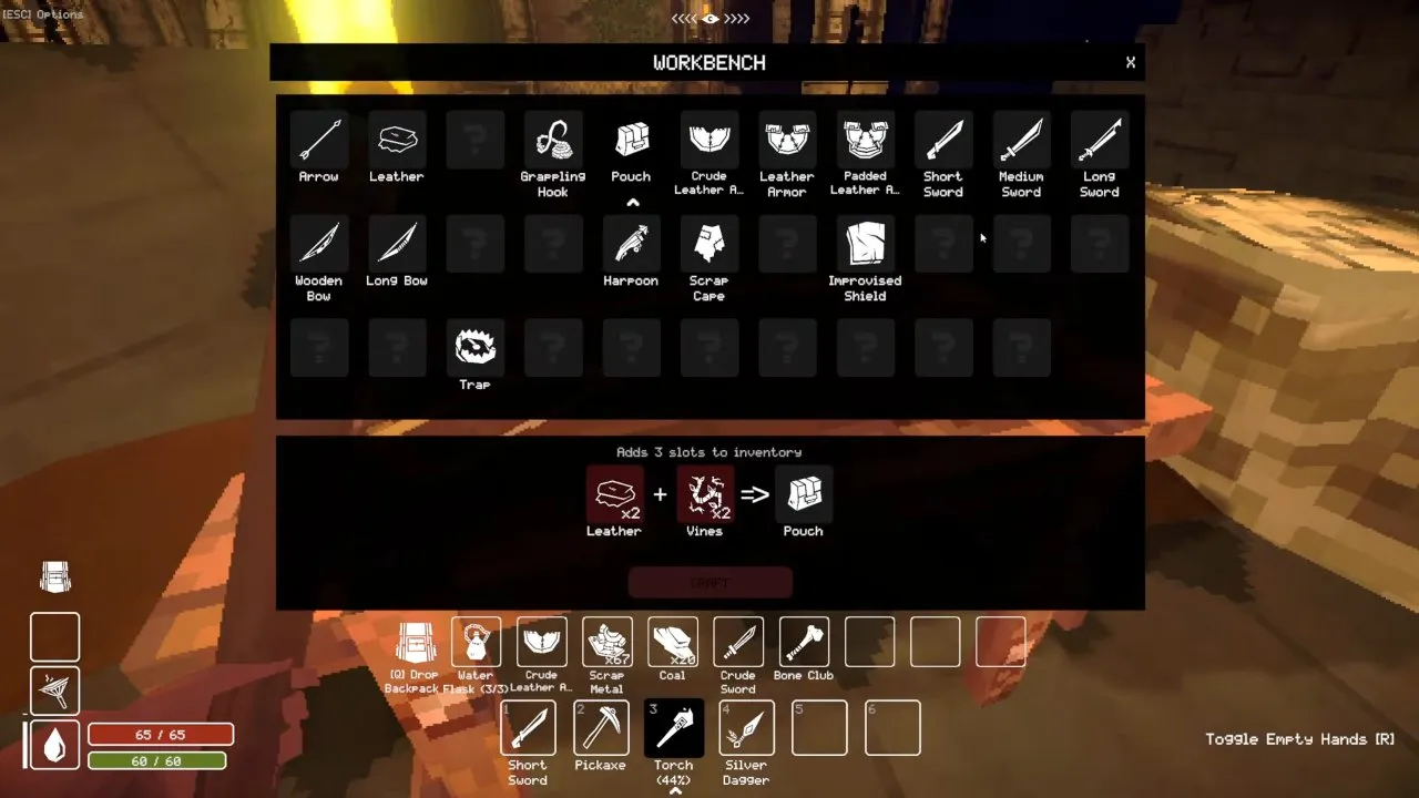 Workbench menu listing Leather, Crude Leather Armor, Leather Armor, Padded Leather Armor and the Pouch recipe